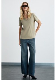 Resim Grimelange Alıne Kadın %100 Organik Pamuk Derin V Yakalı Comfort Fit Bej T-shirt Bej 