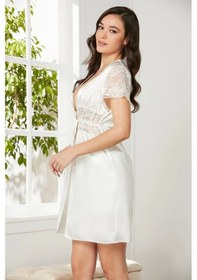 Resim Pierre Cardin Saten Dantelli Midi Sabahlık 1020 Ekru Çok Renkli 