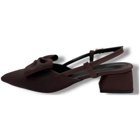 Resim C-shoes Eu141-26 Saten Papyonlu Kısa Kare Topuk Arkası Açık Kadın Ayakkabı Kahverengi 