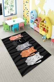 Resim Pelangi Siyah Kedi Desenli Çocuk Yıkanabilir Kaymaz Taban Leke Tutmazbebek Ve Çocuk Odası Halısı, Siyah 180 x 300, 901357132180300 