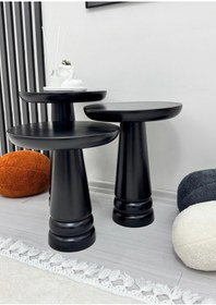 Resim AYLESA Doğal Ahşap 3’lü Set Mantar Yan Sehpa Modern Siyah Renk Fiskos Zigon Çiçeklik 