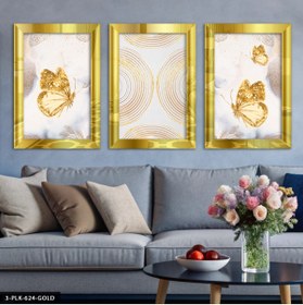 Resim Burshe Gold Kelebekler ve Geometrik Şekiller 3 Parça Gold Pleksi Aynalı Tablo 