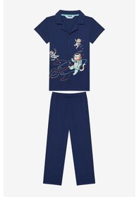 Resim Penti Erkek Çocuk Catstronaut Gömlek Pamuklu Koyu Mavi Pijama Takımı 