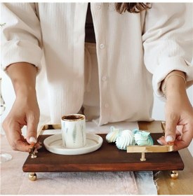 Resim Akayev Ahşap Altın Boncuk Ayaklı L Dizayn 30x20 cm Tepsi 