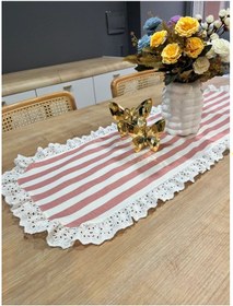 Resim Vintage Duck Keten Çizgili Pudra Desenli Runner 35x85 Cm Pudra 