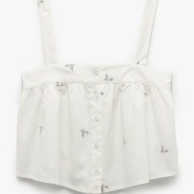 Resim Koton Pamuklu-keten Karışımlı Askılı Çiçek İşlemeli Crop Pijama Üstü Pembe Desenli 5slk90011mw Pembe Desenli 