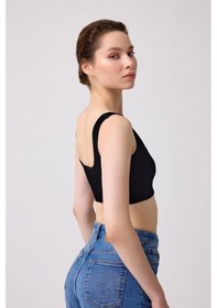 Resim Cottonhill Premium - Kadın Siyah Seamless Kare Yaka Crop Top Büstiyer Siyah 