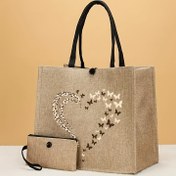 Resim 2 adet Leopar Kelebek Kalp Desenli Tote ve Cüzdan Seti, Düğme Kapanışı ile Hafif Kumaş Alışveriş Çantası, Aksesuarlı Taşınabilir Seyahat Plaj Çantası, Bej Kumaş, Rahat Tarz, Sabit Omuz Askısı 