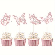 Resim 12 adet Kelebekli Cupcake Süsleri, Düğün Nişan Gelin Duşu Doğum Günü Partisi Pasta Dekorasyon Malzemeleri için Simli Kelebek Cupcake Topperları 