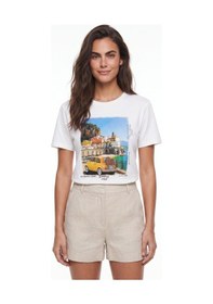 Resim Onloox Kadın Beyaz Beyaz Pamuklu Bisiklet Yaka Kısa Kollu Italy Temalı Baskılı Günlük Kullanıma Uygun T-shirt 
