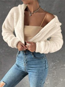 Resim Kadın Ekru Peluş Crop Fitted Kapşonlu Zip Fermuarlı Polar Hırka Sweatshirt Beyaz - Beyaz 