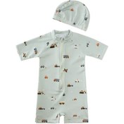 Resim Güneş Korumalı Araba Desenli Mat Yeşil Erkek Çocuk Mayo Şapka Set Yeşil 