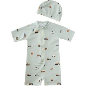 Resim Güneş Korumalı Araba Desenli Mat Yeşil Erkek Çocuk Mayo Şapka Set Yeşil 