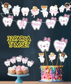 Resim 32 Parça İlk Dişim Çıktı Diş Buğdayı Seti Banner Pasta Kürdanı Cupcake Süsü Seti Pembe 