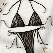 Resim Yeni Siyah Kalp Dantel Halter Boyun Kadın Seksi Bikini Mayo Seti 