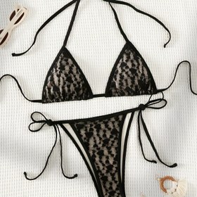Resim Yeni Siyah Kalp Dantel Halter Boyun Kadın Seksi Bikini Mayo Seti 