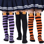 Resim 1 Çift Cadılar Bayramı Çorabı - Uzun Diz Boyu Balkabağı & Cadılar Bayramı Fenerleri, Siyah & Turuncu Çizgili Mor/Siyah/Turuncu/Beyaz/Gri/Bej - Cadılar Bayramı, Noel için Esnek Örme Kumaş 