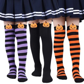 Resim 1 Çift Cadılar Bayramı Çorabı - Uzun Diz Boyu Balkabağı & Cadılar Bayramı Fenerleri, Siyah & Turuncu Çizgili Mor/Siyah/Turuncu/Beyaz/Gri/Bej - Cadılar Bayramı, Noel için Esnek Örme Kumaş 