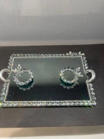 Resim Dekoratif Kristal Cam Ayna Dikdörtgen Sunum Tepsisi Gümüş 
