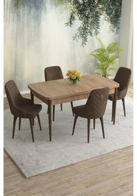Resim Meri Serisi 80x132 Açılabilir Mdf Meşe Masa Takımı 4 Lacivert Sandalye Kahve Ayak Kahverengi 