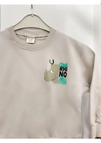 Resim Zekids Erkek Çocuk Cool Rhino Baskılı Pamuklu Sweatshirt-14202 Taş 