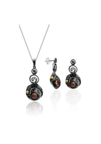 Resim Oksitli Gümüş Set Kök Yakut Taşlı Gümüş Otantik İkili Set 925 Ayar St136 Gümüş 