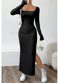 Resim Kadın Trend U Yaka Yırtmaçlı Uzun Kol Kalın Fitili Elbise Siyah 