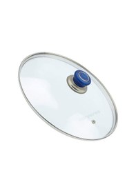 Resim Tencere Sahan Cam Buhar Delikli Kapak 30 CM ve Mavi Tutma Tepe 