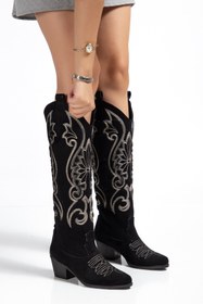 Resim MS SUGAR SHOES Kadın Siyah Vegan Süet Nakışlı Western Kovboy Cowgirl Bot Çizme Beyaz Nakışlı 