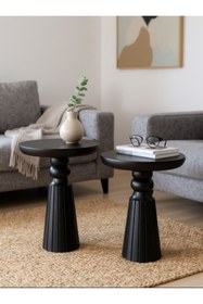 Resim ASELYA HOME Doğal Ahşap 2’li Set Siyah Renk Mantar Yan Sehpa Modern Fiskos Zigon Çiçeklik 