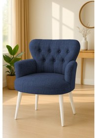 Resim Waterybrook Modern Keten Kumaş Berjer Ahşap Beyaz Demonte Ayaklı Tekli Koltuk - Lacivert Lacivert 