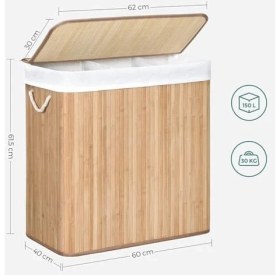 Resim Çamaşır Sepeti, Çamaşır Toplayıcı, Bambudan Yapılmış, Kulplu Çamaşır Sandığı, 3 Bölme, Klipsli Kapak, 150 L, Katlanabilir, Çamaşır Odası, Yatak Odası, Banyo, Doğal Renk LCB091N01 