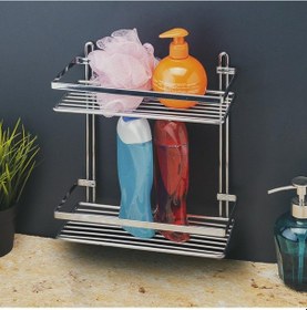 Resim Banyo Köşe Duvar Rafı Şampuanlık 2 Katlı Gümüş 
