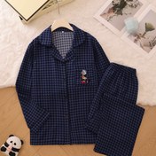 Resim Detaylı Kadın Mavi Ekose Pijama Takımı - Uzun Kollu, Elastik Bel Pantolon, Rahat Polyester Ev Giyimi 