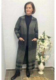Resim Mia Butik Büyük Beden Haki Siyah Kare Desenli Uzun Hırka Haki 