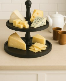 Resim 2 Katlı Siyah Ahşap Kek Pasta Sunumluk Standı, Servis Sunum Tabağı 