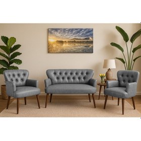 Resim Azra Mobilya Gri Deri Chester Tarz Koltuk Takımı Modern Tasarım, Dayanıklı Ahşap Ayaklı Oturma Grubu 2+1+1 Gri 