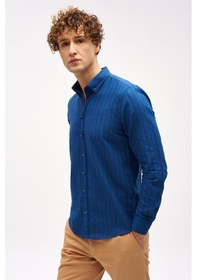 Resim Lacivert Dynamic Fit Düğmeli Yaka Çizgili Uzun Kollu Cepsiz %100 Pamuk Gömlek-16297 Lacivert 