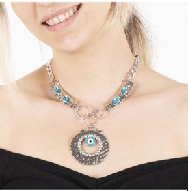 Resim Otantik Gümüş Renk Kolye Yeşil Nazar Boncuğu Yuvarlak Uçlu 