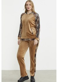 Resim Leopar Kombinli Kadife Eşofman Takım - Bej Bej 