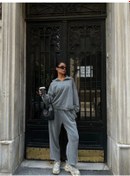 Resim Yıkamalı Iki Iplik Kumaş Yakalı Fermuarlı Oversize Eşofman Takımı - Gri Çok Renkli 