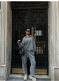 Resim Yıkamalı Iki Iplik Kumaş Yakalı Fermuarlı Oversize Eşofman Takımı - Gri Çok Renkli 