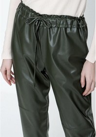 Resim Beli Lastikli Yüksek Bel Deri Pantolon - Haki Renk-396 Haki 