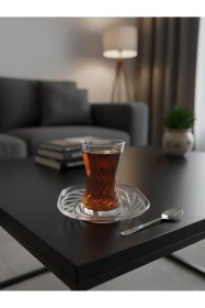 Resim Meltem El İşçiliği Kesme Dekorlu Lav Derin 12 Parça Çay Seti - Şık Sunum Şeffaf 