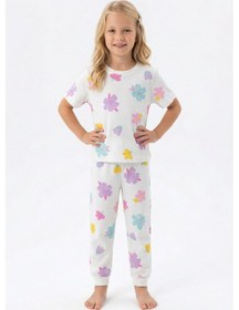 Resim Bunny Hopp Renkli Çiçek Desenli Kısa Kollu Kız Çocuk Pijama Takımı - Pamuklu Beyaz Takım 12 - 13 Yaş 