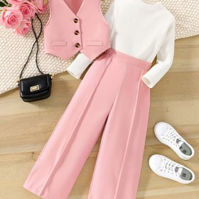 Resim Kızlar İçin Sonbahar/Kış Pembe Yelek + Yuvarlak Yakalı Uzun Kollu Üst ve Geniş Paça Pantolon Okul Üniforması Üç Parçalı Set 