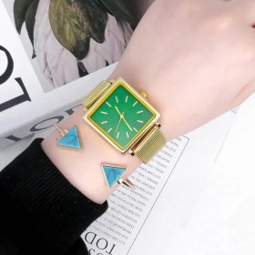 Resim Hanyang Altın Yeşil Set Lüks Bilezik Izle Kadınlar Bayanlar Için Gül Altın Kare Kuvars Izle Minimalist Analog Kuvars Kadın Elbise Izle Relogio Mujer (Yurt Dışından) 