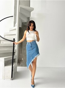 Resim KENE JEANS KADIN ETEK PÜSKÜLLÜ ASİMETRİK KOT ETEK 