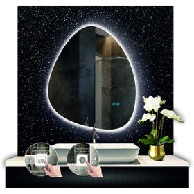 Resim GLOBAL LED MIRROR 80 Cm Çapında Buğu Çözücülü Dokunmatik Ledli Asimetrik Banyo Aynası Dekoratif Led Işıklı Dikey Ayna 