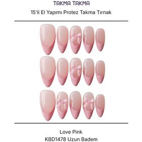 Resim 15'li Pembe Kısa Badem Kbd1478 Tekrar Kullanılabilir El Yapımı Protez Takma Tırnak Xs 